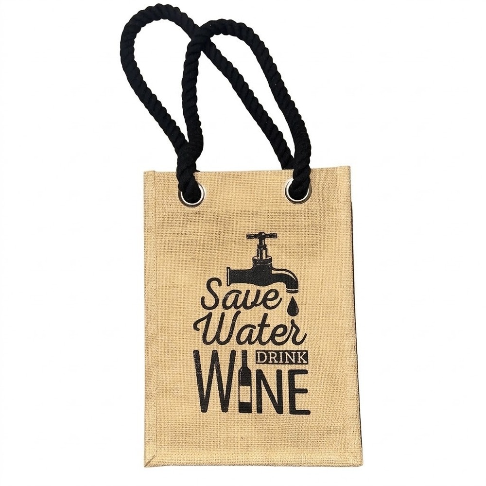 Save Water Drink Wine Double-sided Jute Burlap 4 Bottle Wine Tote Bag RopeHandle